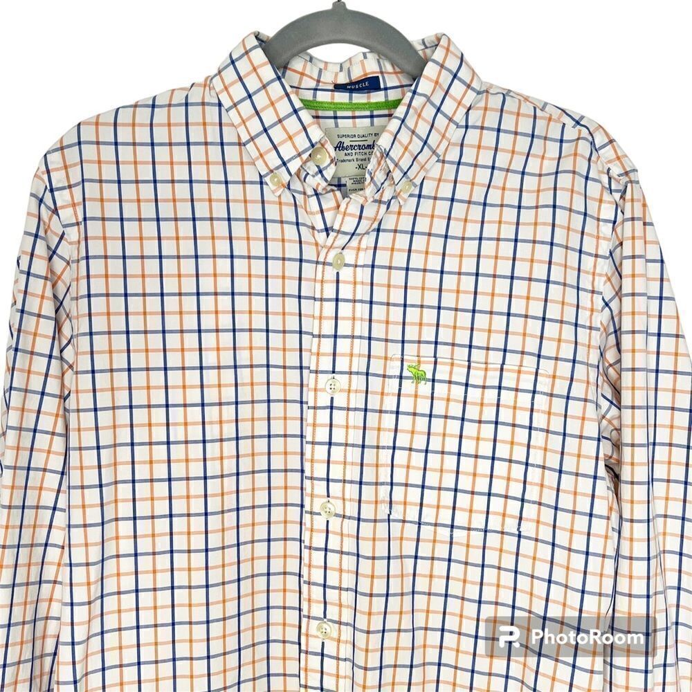 Abercrombie & Fitch Men’s Orange, Blue & White Plaid Button Size XL 100% Cotton